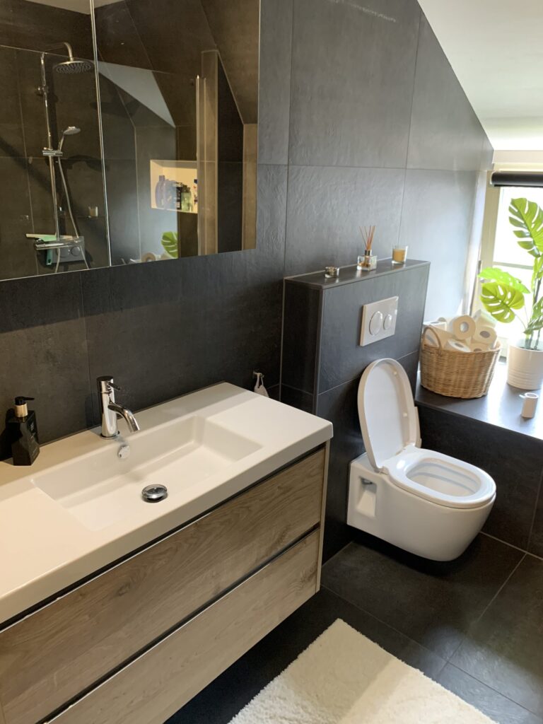 Badkamer in Katwijk met donkere matte wandtegels, zwevend badmeubel en hangend toilet