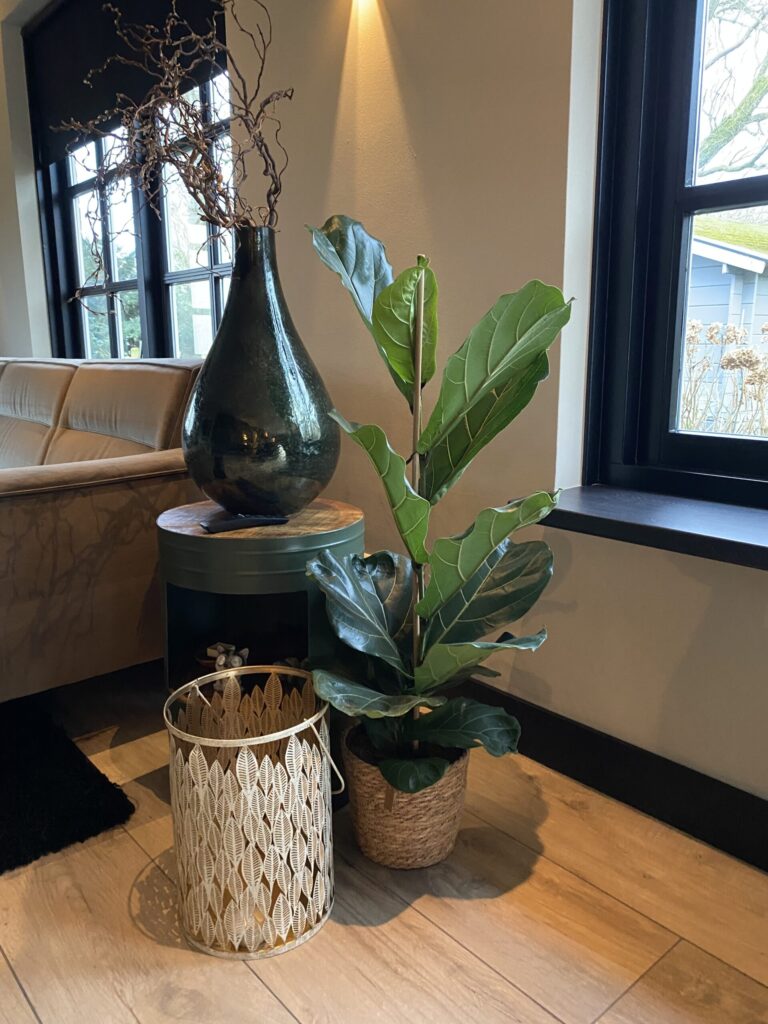 Woonkamer in Noordwijk met lichte houtlook vloertegels, een grote plant en een vaas