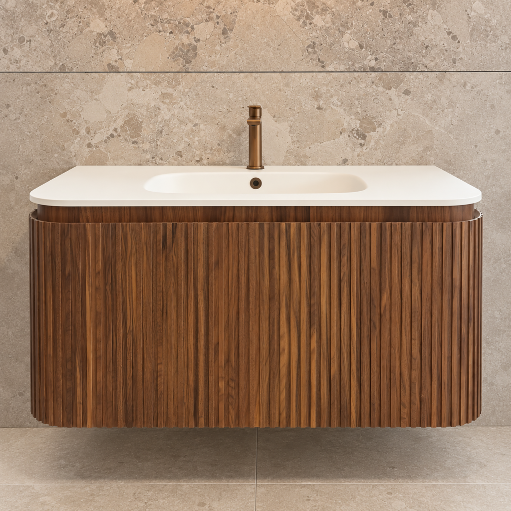 CERADOS Fiano/Arleta badmeubel 100 cm warm noten met ribbelfront, ronde hoeken en mat witte wastafel